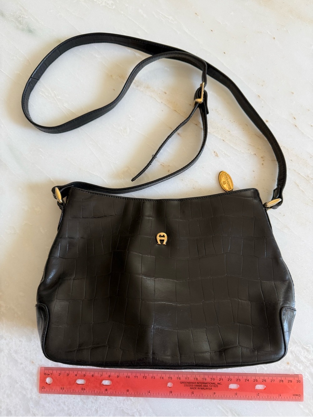 Etienne Aigner Black Croc-Embossed Shoulder Bag with Gold Accents